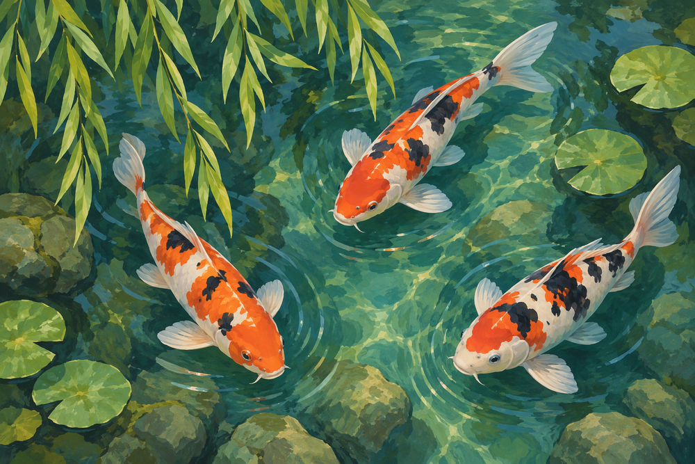 Orange, white and black koi swim through clear jade water beneath hanging willow leaves and gentle ripples.