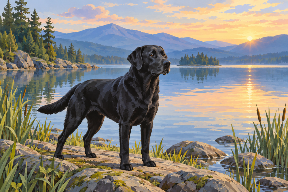 A black Labrador stands beside reeds at a calm lake, with pale dawn water and distant blue hills.