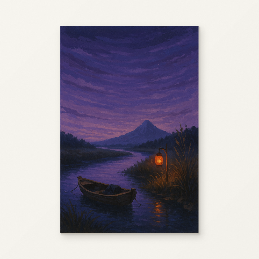 Lantern Boat on a Twilight River Paint by Numbers Kit — original artwork displayed as a canvas on a warm off-white wall.