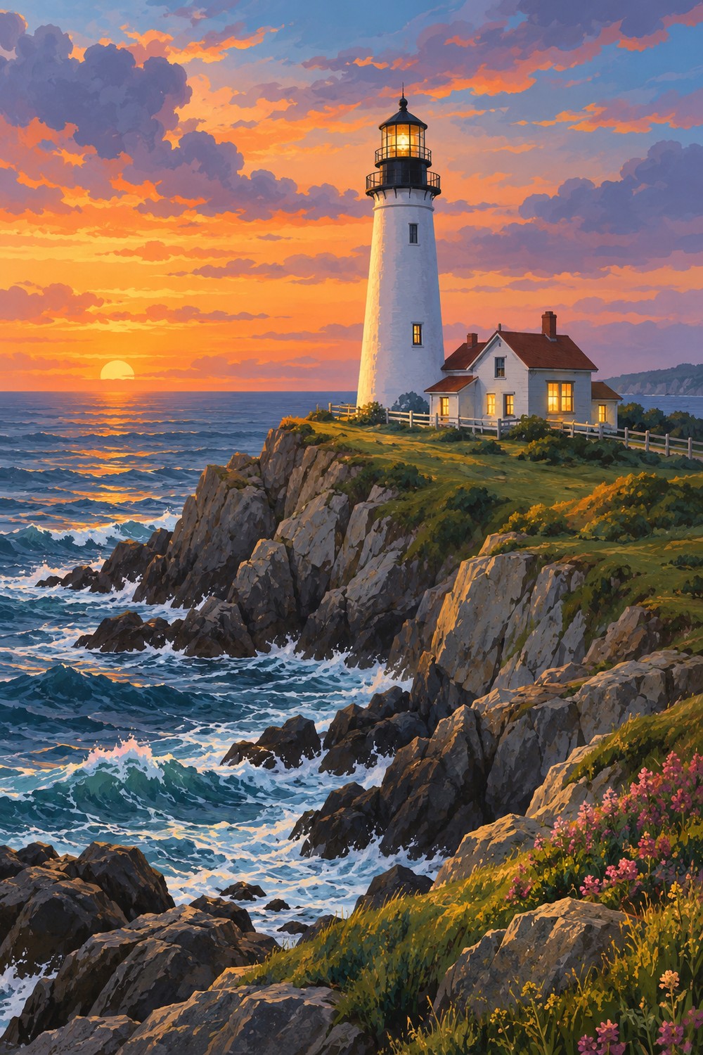 A white lighthouse glows above a rugged grassy headland, with indigo waves rolling against the rocks below.