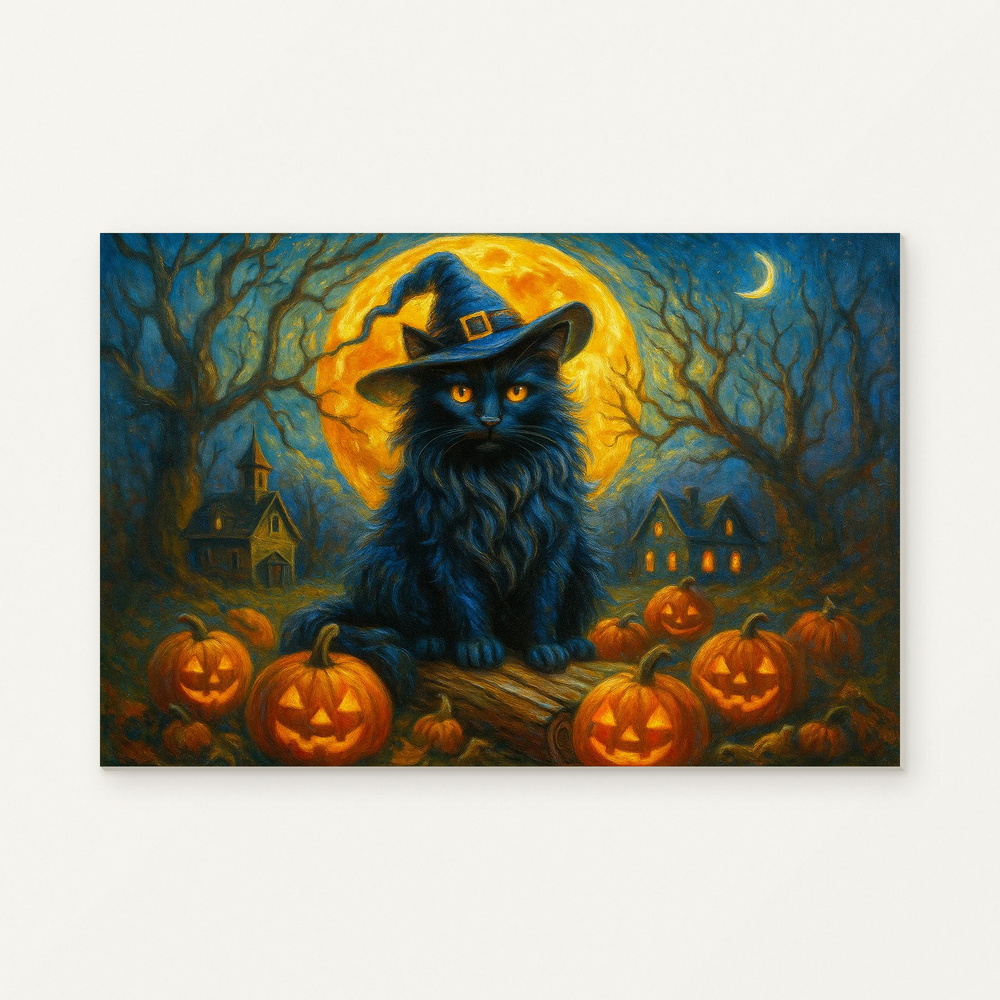 Witch Cat Under the Moonlight Paint by Numbers Kit — original artwork displayed as a canvas on a warm off-white wall.