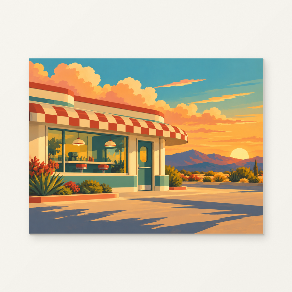 Last Light at the Diner Paint by Numbers Kit — complete artwork displayed on a canvas against a warm off-white wall.