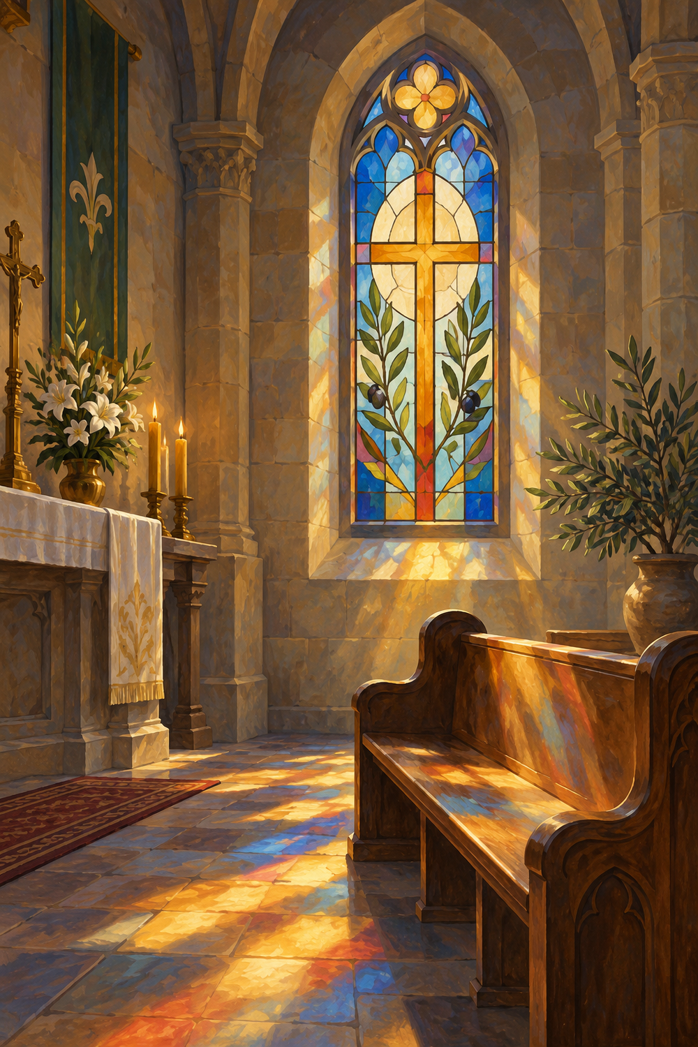 Cross and olive branches in a stained-glass chapel window