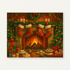 Christmas Fireplace with Stockings and Gifts Paint by Numbers Kit — original artwork displayed as a canvas on a warm off-white wall.