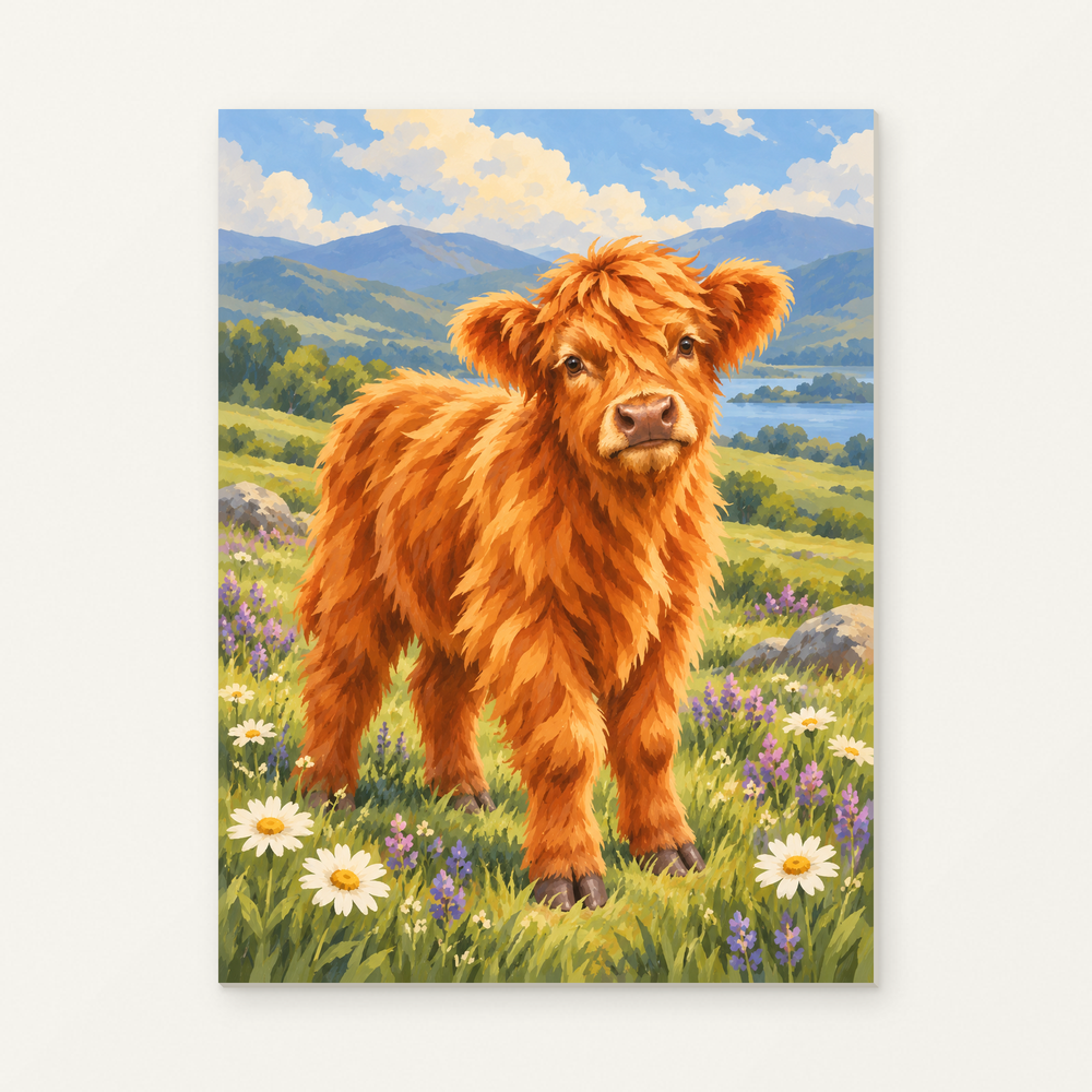 Little Highland Spring Paint by Numbers Kit — complete artwork displayed on a canvas against a warm off-white wall.