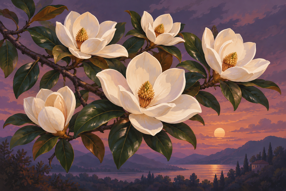 A dark sweeping magnolia branch bearing five large creamy flowers against a muted dusky-plum sky, rich glossy leaves and gentle evening light, elegant negative space.