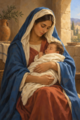 Mary in a blue mantle cradling the infant Jesus