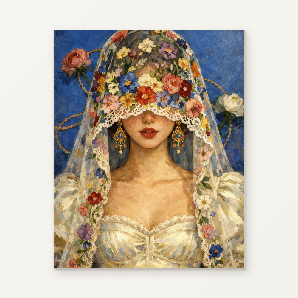 Woman with a Floral Veil Paint by Numbers Kit — original artwork displayed as a canvas on a warm off-white wall.