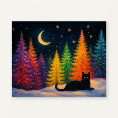 Black Cat in a Colorful Winter Forest Paint by Numbers Kit — original artwork displayed as a canvas on a warm off-white wall.