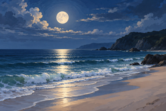 A silver moon above a quiet navy ocean and empty pale beach, subdued seafoam surf, a dark headland, moonlit reflection leading toward the horizon.