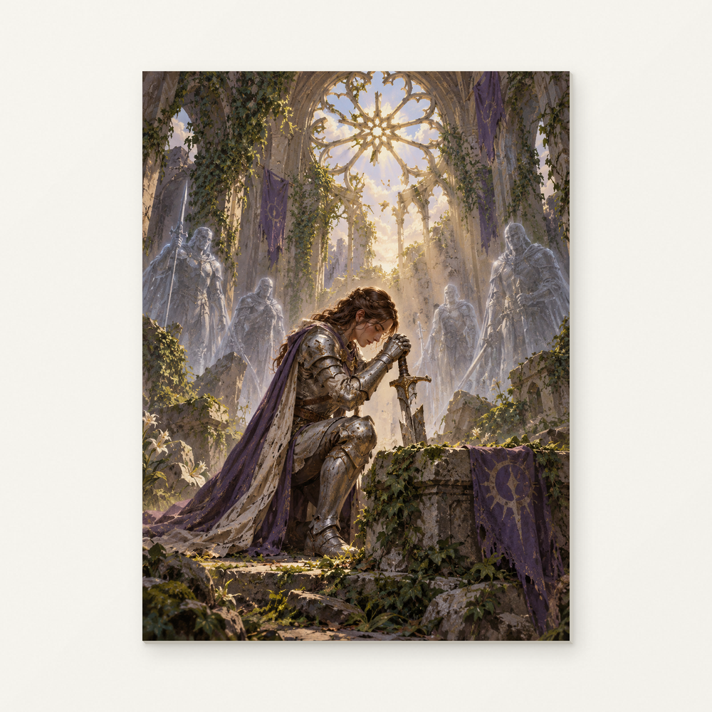 Female Paladin at a Ruined Chapel Paint by Numbers Kit — original artwork displayed as a canvas on a warm off-white wall.