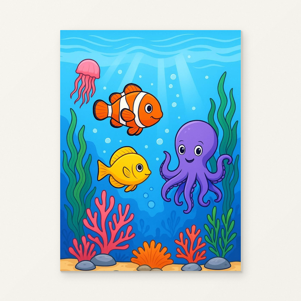Cute Sea Animals and Coral Paint by Numbers Kit — original artwork displayed as a canvas on a warm off-white wall.