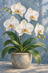 Pale orchid blossoms rise above broad green leaves in a stone pot against a soft blue-grey backdrop.