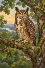 A golden-eyed great horned owl perches on an oak branch amid moss-green woodland.