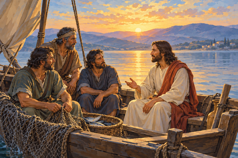 Jesus and disciples in a fishing boat on the Sea of Galilee