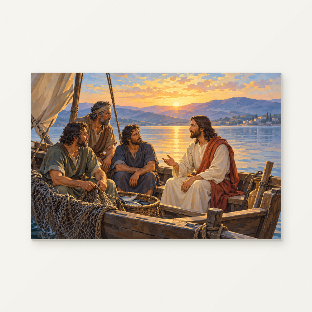 Jesus and Disciples on the Sea of Galilee Paint by Numbers Kit — original artwork displayed as a canvas on a warm off-white wall.