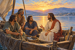 Jesus and disciples in a fishing boat on the Sea of Galilee