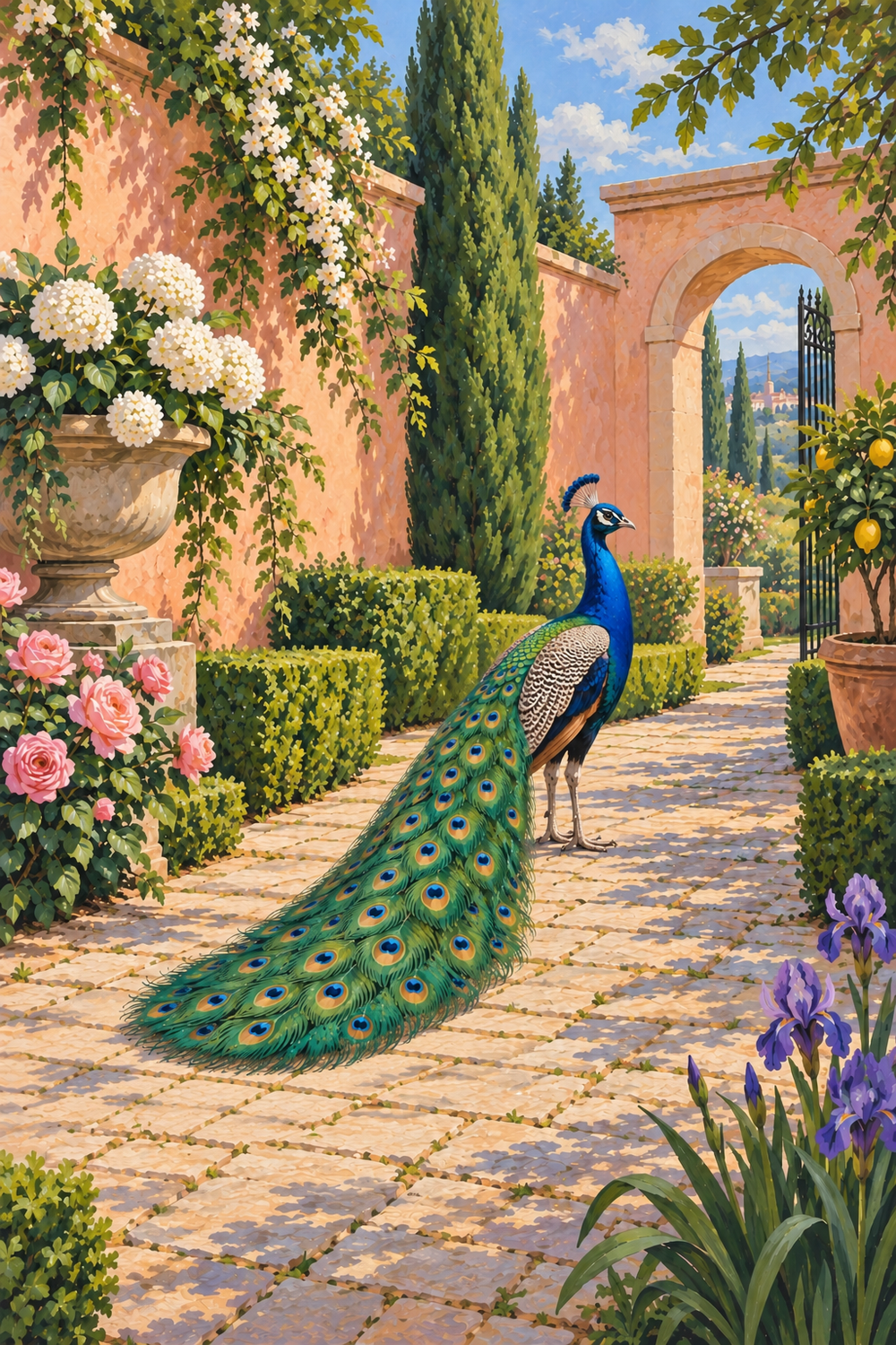 A cobalt-and-emerald peacock walks along a garden path beside a pale rose wall, its long tail trailing behind.