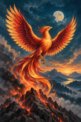 Golden phoenix rising above dark volcanic peaks