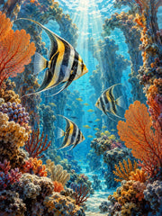 Angelfish swimming through a cathedral-like coral reef