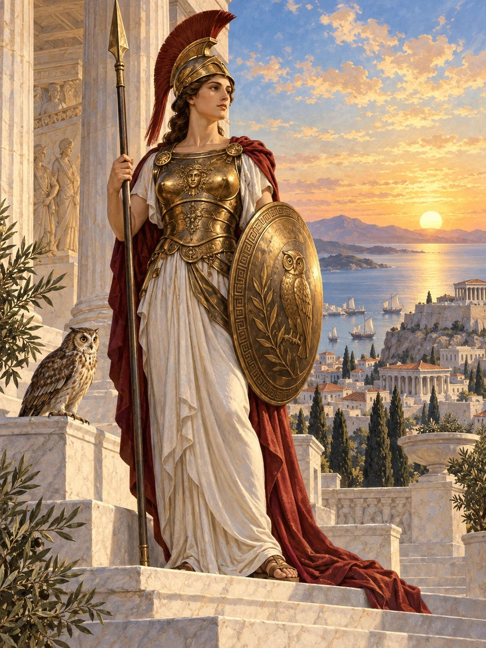 Athena in bronze armor overlooking an ancient Aegean city at sunrise
