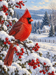 Red cardinal perched on a snowy evergreen branch