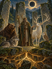 Forest druid meeting a bear, wolf, owl and white stag beneath an eclipse