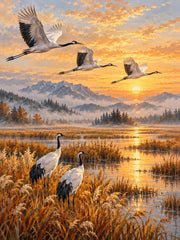 Pair of cranes flying over an amber marsh at sunset