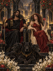 Hades and Persephone seated as equal rulers with Cerberus in the underworld