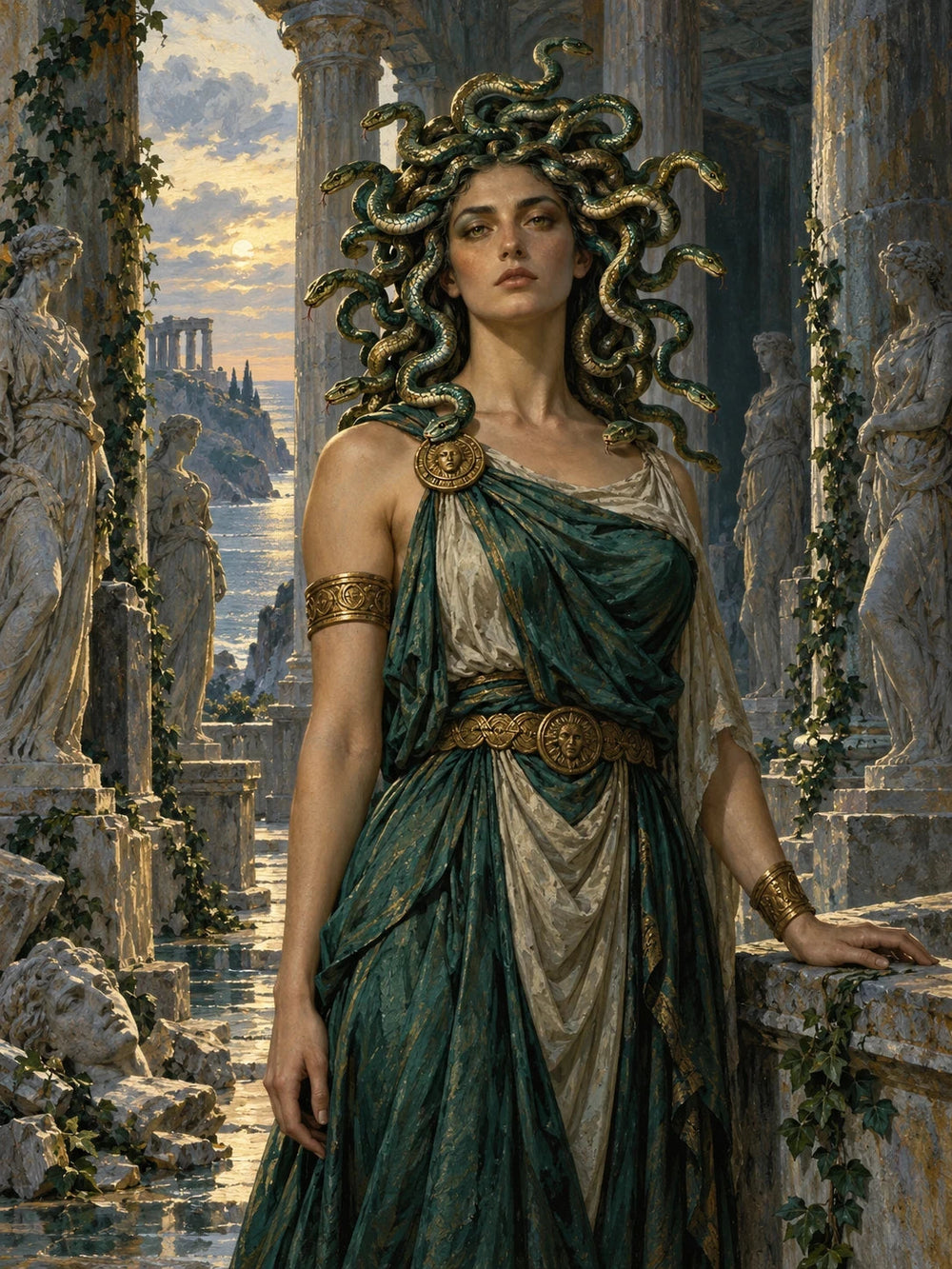 Medusa standing as a solitary guardian in a ruined coastal Greek temple