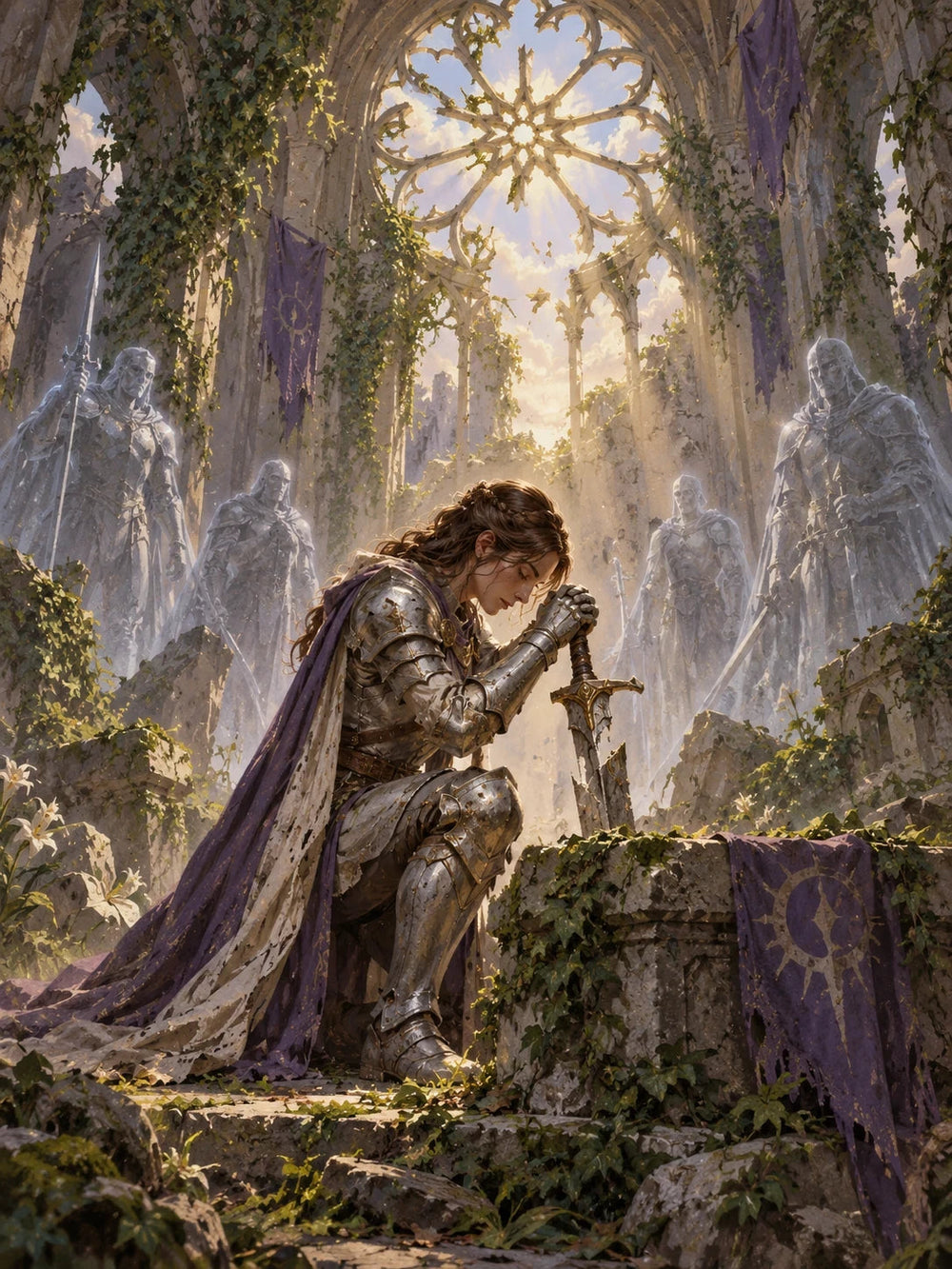 Armored paladin kneeling before a broken sword in an ivy-covered ruined chapel