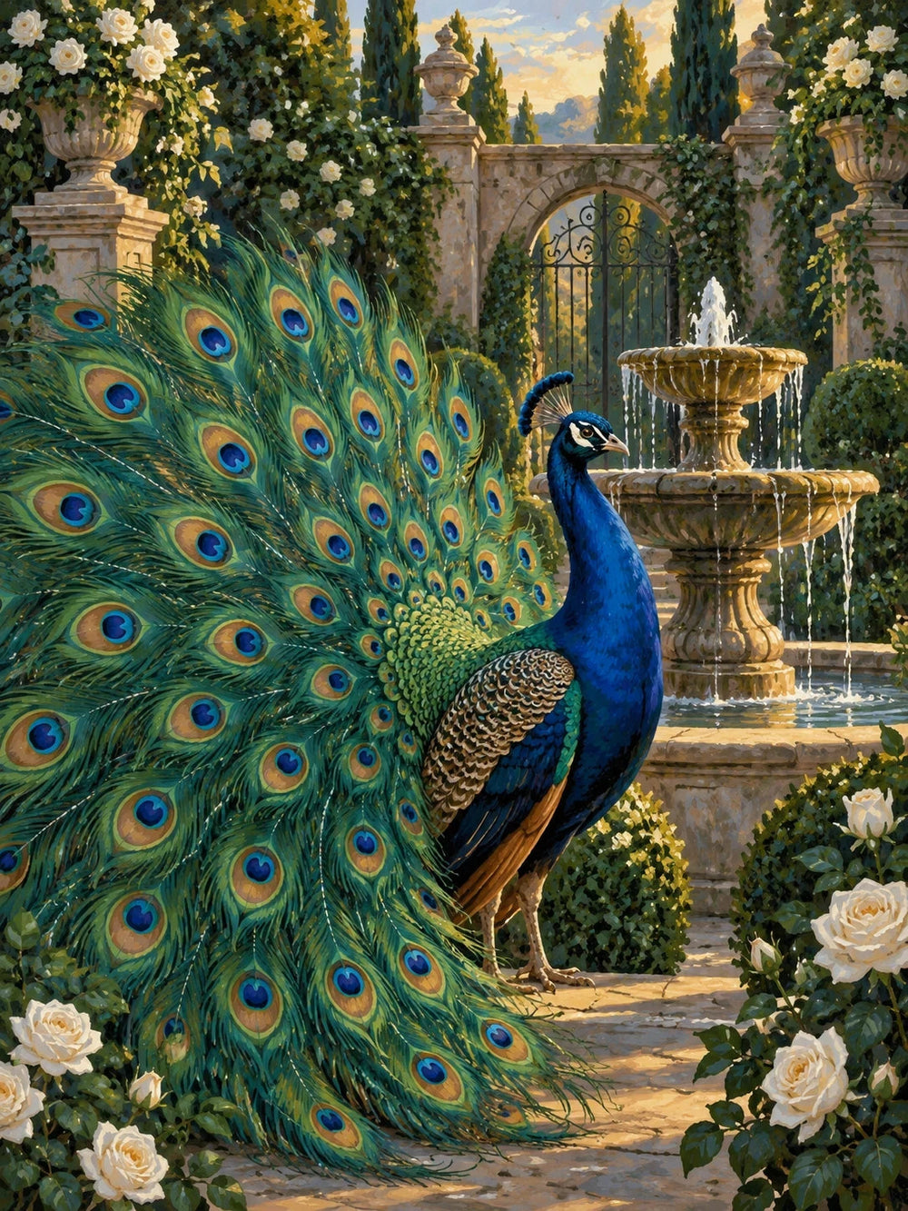 Peacock displaying its tail in a formal walled garden