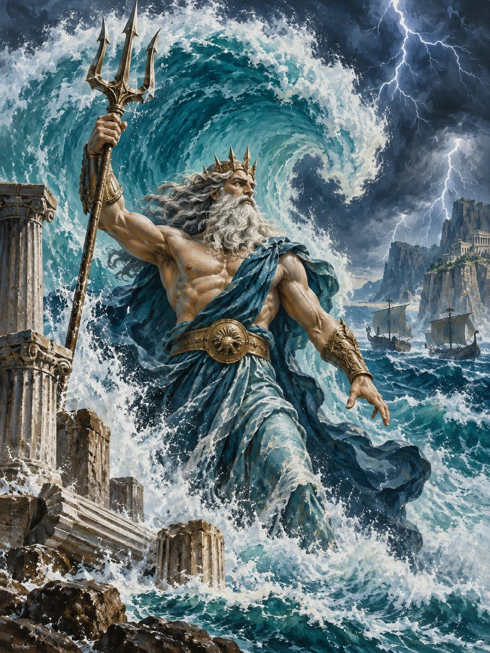 Poseidon lifting his trident before a towering wave and stormy sea