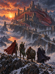 Four fantasy adventurers facing a ruined citadel built around a sleeping red dragon