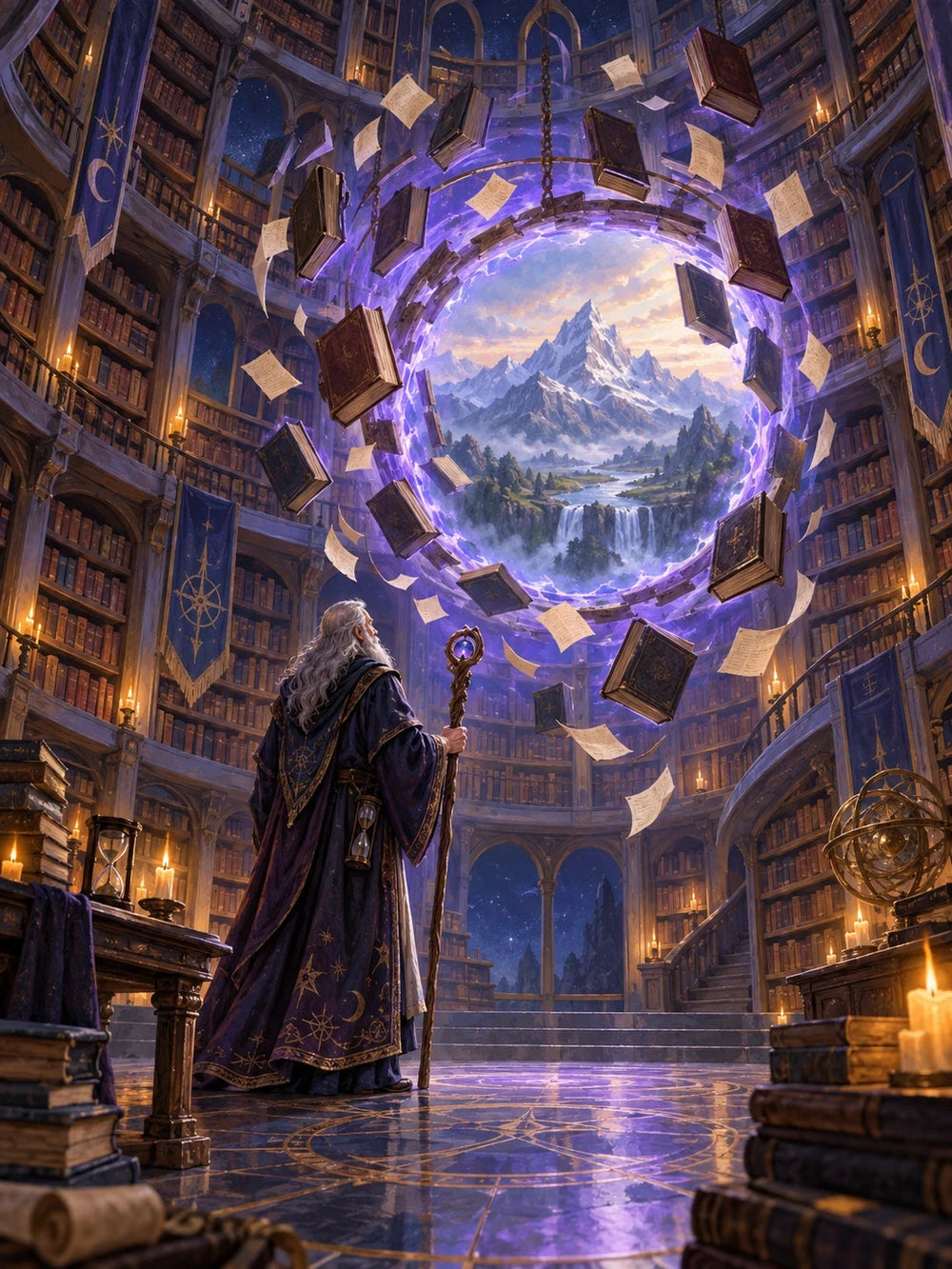 Elderly wizard opening a violet portal inside an immense circular library