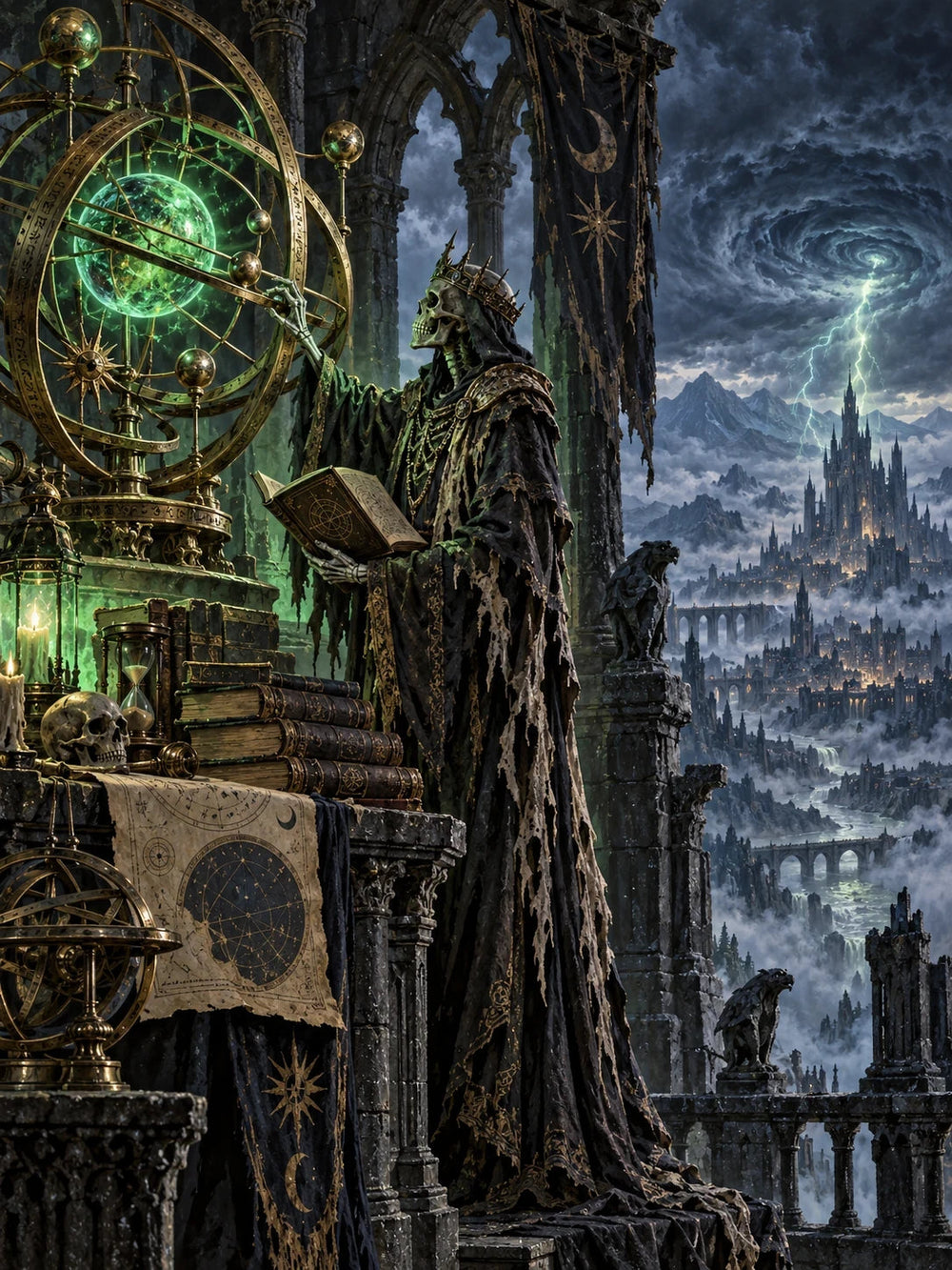 Skeletal sorcerer studying a green celestial mechanism above a stormbound kingdom
