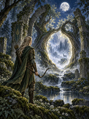 Elven ranger discovering a luminous gateway in moonlit forest ruins