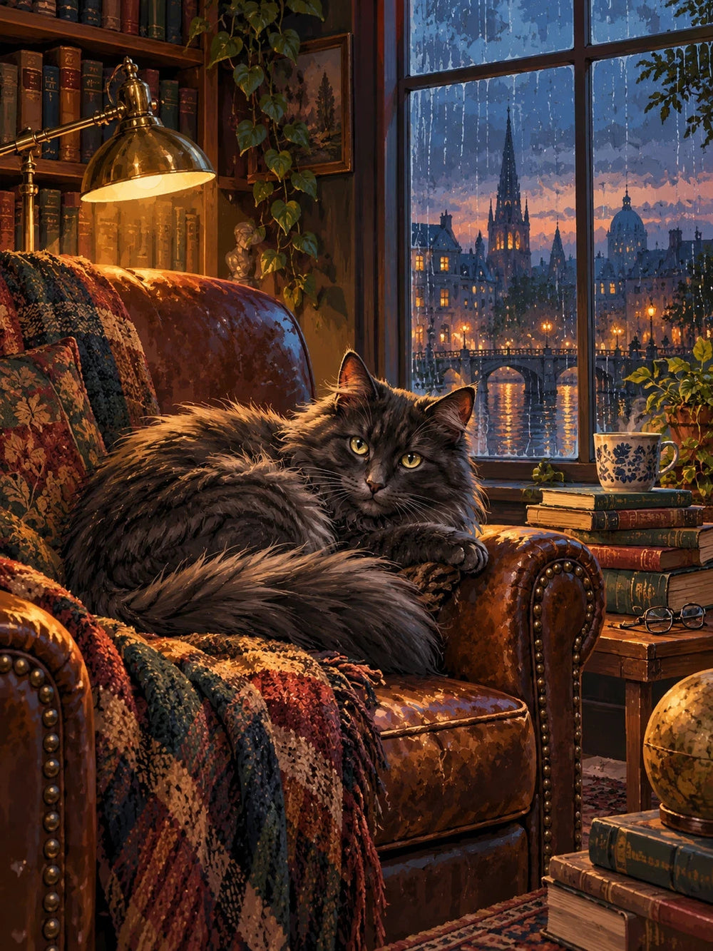 Black cat curled beside books at a rain-streaked window