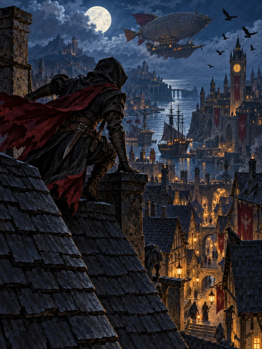 Hooded rogue overlooking a lantern-lit fantasy harbor and approaching airship
