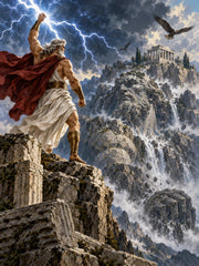 Zeus summoning lightning above a Titan awakening within a mountain