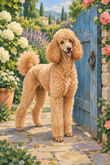 An apricot standard poodle stands beside a weathered blue gate in a quiet garden.