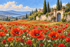 A broad red poppy meadow rolling toward an old pale garden wall and distant cypress trees, warm afternoon light, simplified large poppies in foreground and calm blue sky.