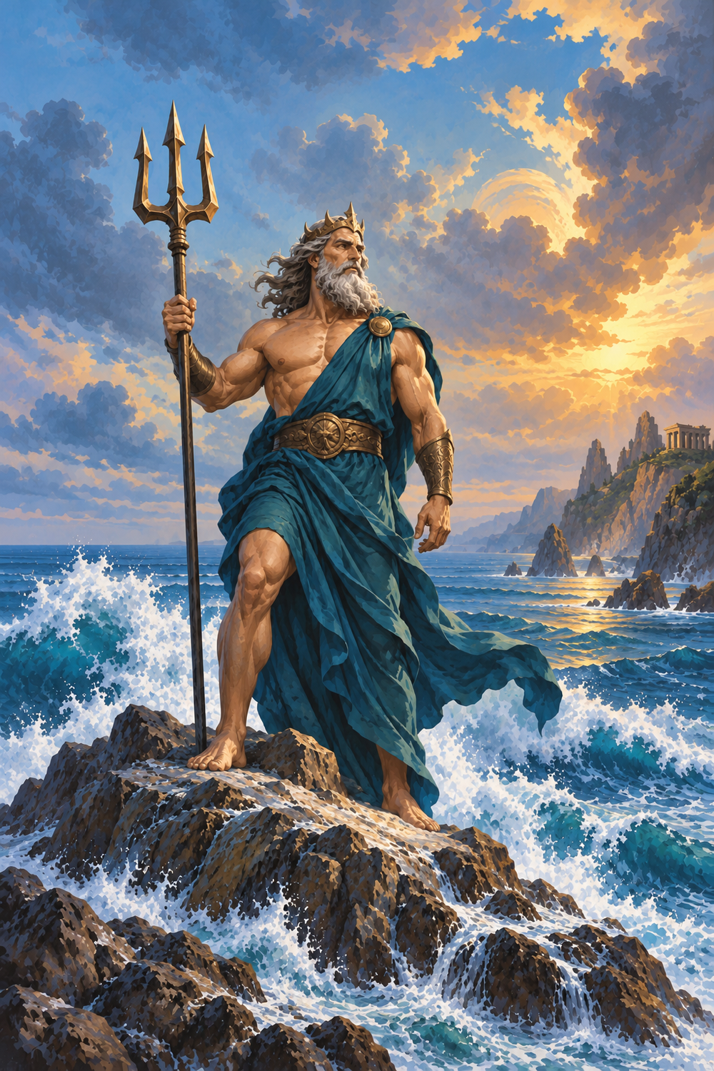Poseidon holding a trident above crashing waves