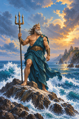 Poseidon holding a trident above crashing waves