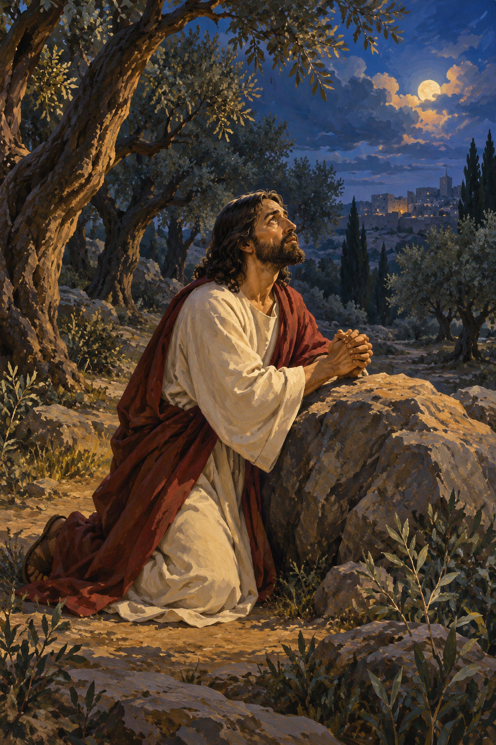 Jesus praying beneath olive trees at evening