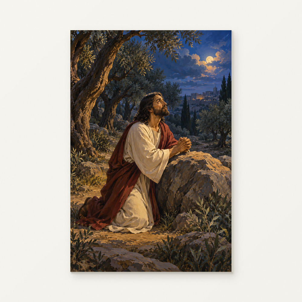 Jesus Praying Among Olive Trees Paint by Numbers Kit — original artwork displayed as a canvas on a warm off-white wall.