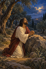 Jesus praying beneath olive trees at evening
