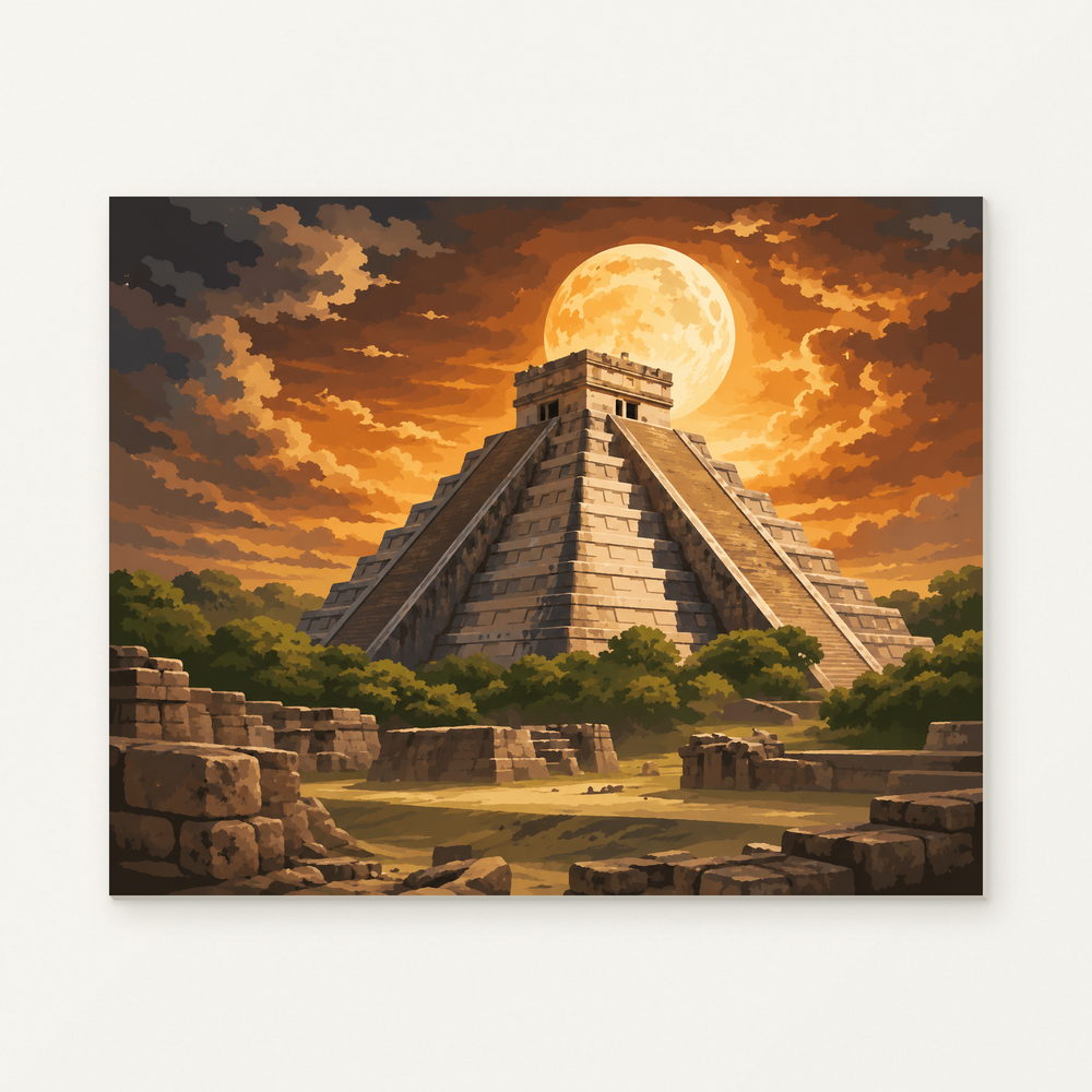 Mayan Temple Under the Full Moon Paint by Numbers Kit — original artwork displayed as a canvas on a warm off-white wall.