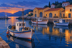 Three small moored fishing boats in a sheltered harbor, ochre warehouses and their clean reflections, indigo water and one strip of apricot sunset.