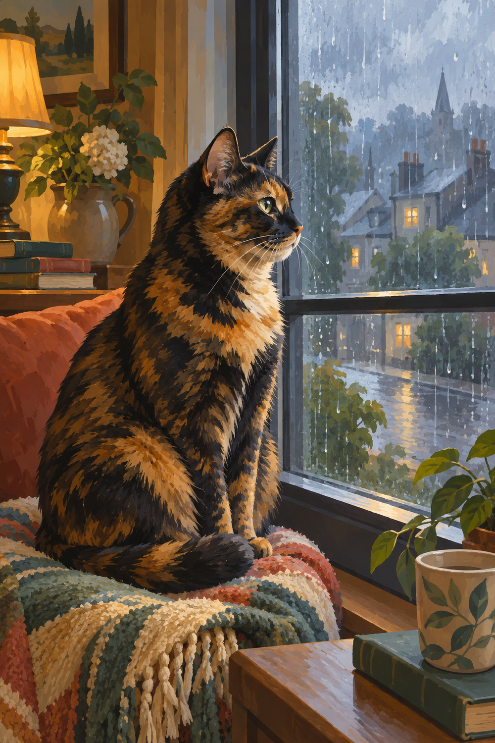 A tortoiseshell adult cat viewed in three-quarter profile from indoors watching rain through a tall window, soft slate reflections, warm amber interior.